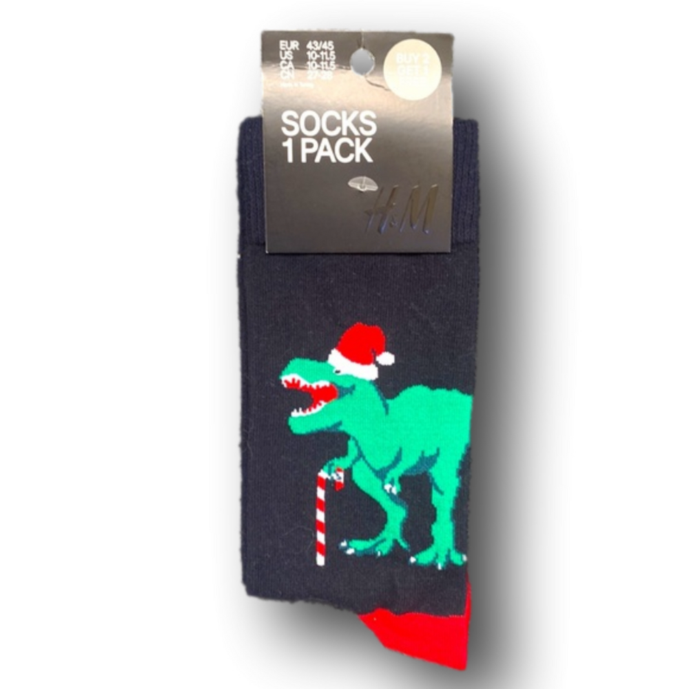 3/$18 Tyrannosaurus T-Rex Santa Christmas Holiday Funny Socks - Brand New